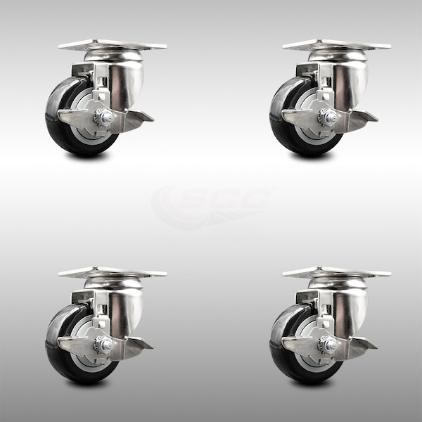 Service Caster 3 Inch 316SS Black Polyurethane Wheel Swivel Top Plate Caster Set with Brake SCC SCC-SS31620S314-PPUB-BLK-TLB-4 - main